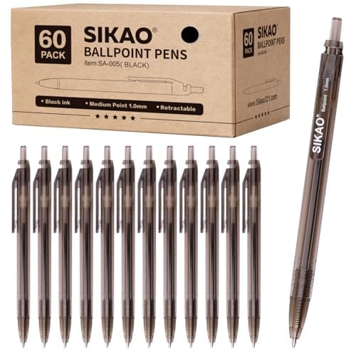Sikao Black Pens Bulk 60 Pack –Smooth Writing 1.0mm Click Black Ballpoint Pens with Translucent Barrel, Reliable Bulk Pens for Office, School, Home & Restaurant Server Use