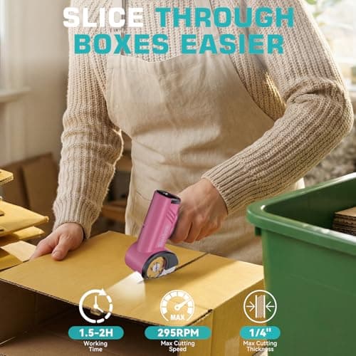 Cordless Electric Scissors, Rechargeable Cardboard Cutter with LED Light, 4-Speed Settings, Safety Lock, 2 Blades, USB-C Battery Powered Box Cutter for Carpet, Leather, Fabric, Packages, Pink - Thumbnail 2