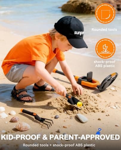 SUNPOW Kids Metal Detector with Treasure Animation & Waterproof Coil - Adjustable Stem (23.6”-27.6”) - Kit Includes Shovel, Rake, Bag - Ideal Gift for Boys & Girls 6-12 for Beach, Park, Backyard -MD20 - Thumbnail 4