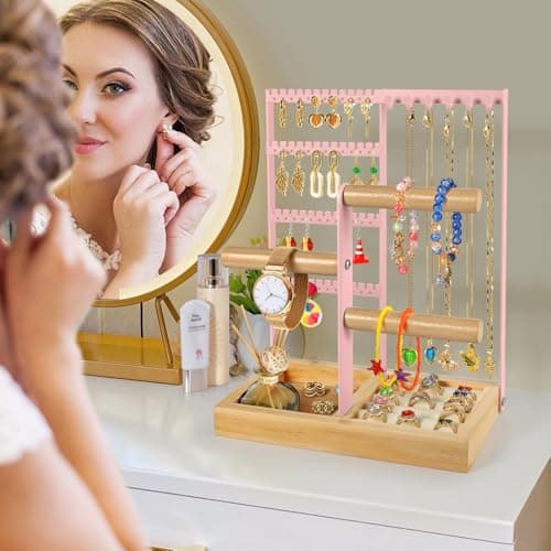Godboat Jewelry Organizer - Earring Holder with 48 Holes, 6 Hooks Necklace Organizer, Bracelet and Ring Stand with Jewelry Box, Mothers Day Gifts for Women, Mom, Preppy Stuff & Room Decor, Pink - Thumbnail 2