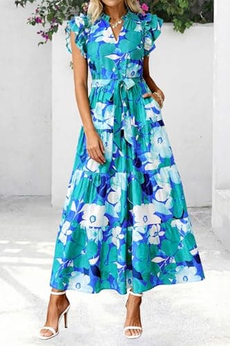 dowerme Women Summer Maxi Dresses 2026 Ruffle Sleeve V Neck Floral Boho Long Dress Belted Tiered Sundress with Pockets(Floral Blue Green,Large) - Thumbnail 4