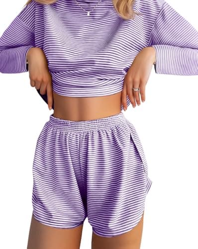 JUSTFASHIONNOW Womens Striped Pajama Sets Long Sleeve Top and Split Shorts Matching Lounge Set Loungewear Crew Neck Sleepwear Soft Pjs Fall Winter Cute Outfits (Purple, Small) - Image 1