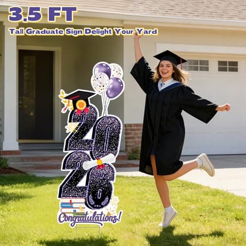 2026 Graduation Decorations Yard Sign, 3.5 FT Tall Class of 2026 Congrats Grad Yard Sign with Stakes for Outdoor Indoor Graduation Party Garden Lawn Decoration Supplies(Purple) - Thumbnail 4