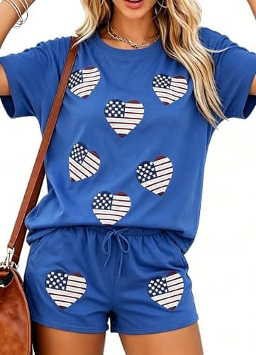 MYHALF 4th of July Sets for Women Sequin Star Graphic Shirt and Shorts Patriotic Outfits 2 Piece Short Sleeve Lounge Set