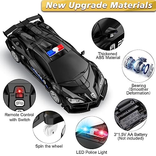LNNKINE Remote Control Car, Transform Robot RC Cars, 2.4Ghz Transforming Police Car Toy with LED Light, One-Button Deformation and 360° Rotating Drifting, Toys for Boys Age 4-7 8-12 - Thumbnail 5