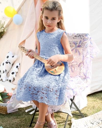 ALLOVIN Girls & Toddlers Sleeveless A-Line Lace Party Dress Birthday Wedding & Flower Girl Dress with Beaded Bowknot | Blue | 2-3T - Thumbnail 4