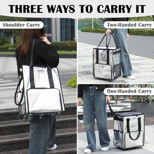 AnsTOP Reusable Grocery Bag on Wheels, 66LBS Foldable Shopping Cart with 5 Smooth Caster Wheels Zippered Top, Rolling Tote with Multiple Pockets for Groceries, Laundry, Travel, Camping,Medium,Silver - Thumbnail 2