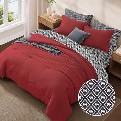 Monbix King Size Comforter Set - 7 Pieces Bright Red Prewashed Bed in a Bag King Bedding Sets with Comforters, All Seasons Ultra Soft Comforter Bed Set with Sheets, Pillowcases & Shams - Thumbnail 5