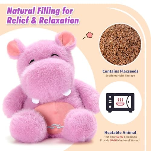 Ditucu Original Hippo Microwavable Weighted Stuffed Animal Heated Hippopotamus Plush for Warmth Comfort Period Cramps Pain Plushies Toys Gifts for Kids Purple 9 inch - Thumbnail 6