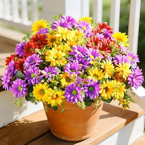 Waipfaru Fake Outdoor Plants, 6 Bundles Outdoor Faux Plants for Planters, UV Resistant Artificial Silk Flowers, Daisy Flowers Artificial for Porch Patio Front Door Summer Outside Decor