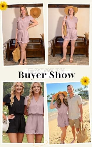 ECOWISH Womens Shorts Rompers Summer Button Short Flare Sleeve Ruffle Wide Leg Mini One Piece Jumpsuits Pockets V Neck Outfit 86 Pink S - Thumbnail 6