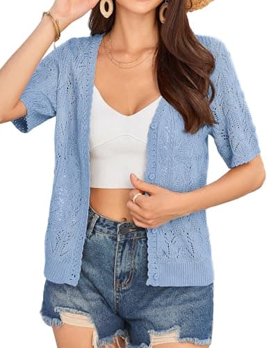 GRACE KARIN 2025 Women's Short Sleeve V Neck Cardigans Sweaters Open Front Knit Crochet Button Bolero Shrugs Tops Light Blue M - Image 1