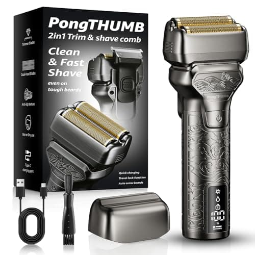 PongTHUMB Electric Razor for Men with Pop-Up Trimmer: Rechargeable Cordless Foil Shaver for Face - Wet/Dry/Anti-Slip Waterproof Shavers with LED Display - Metal Handheld Design Light Gray - Image 1