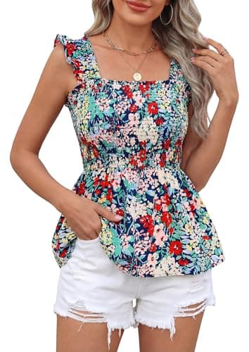 NALANISA Women's Summer Boho Tops Ruffle Strap Square Neck Cute Tank Tops 2026 Babydoll Peplum Shirts Floral Blouses Dressy Casual (Navy Flower,XXL) - Image 1