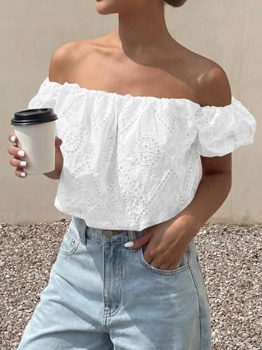 PRETTYGARDEN Women's Summer Off The Shoulder Tops 2026 Dressy Casual Puff Short Sleeve Embroidered Eyelet Cute Blouse Shirts(White,X-Large) - Thumbnail 6