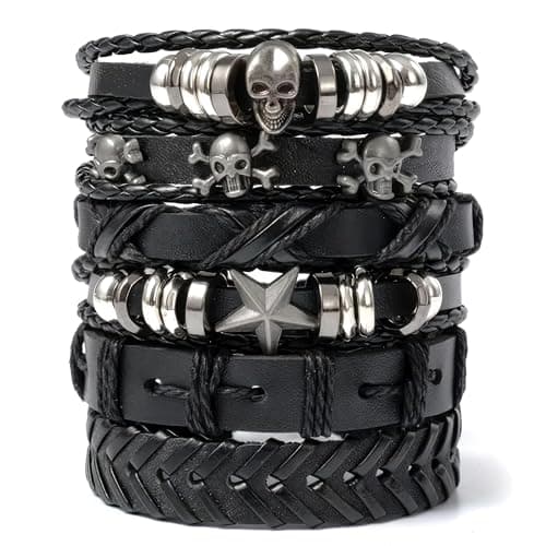 Evrblock Emo Bracelets – 6 Pcs Black Skull Emo Jewelry – Durable Leather Gothic Jewelry and Grunge Bracelets | Adjustable 7"-11" & Comfortable Fit - Image 1