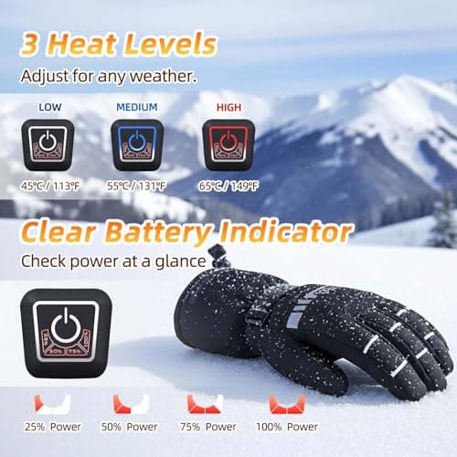 AGPTEK Heated Gloves for Men Women, 7.4V Fast Heat Rechargeable Winter Glove with Battery Indicator &Touchscreen, Waterproof Hand Warming for Skiing, Hiking, Camping, Fishing, Motorcycle, S - Thumbnail 4