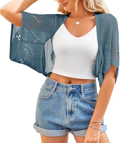 BB&KK Women's Summer Crochet Sweaters Hollow-Out Batwing Short Sleeve Lightweight Open Front Shrug Bolero Cardigans Mist Blue L - Image 1