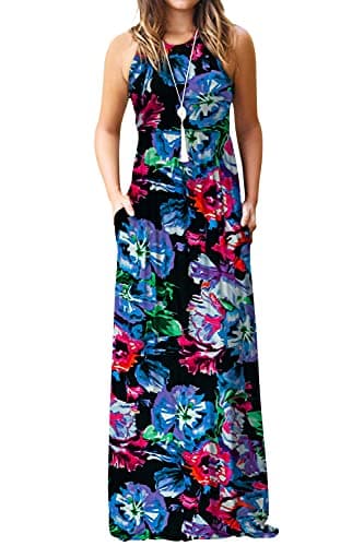 DEARCASE Sleeveless Maxi Dress for Women Flower Purple Blue X-Large A-line Casual Loose Party Vintage Spring Summer Floor Length Ladies Beach Sundress Vacation Long Flowy Dresses with Pockets - Image 1