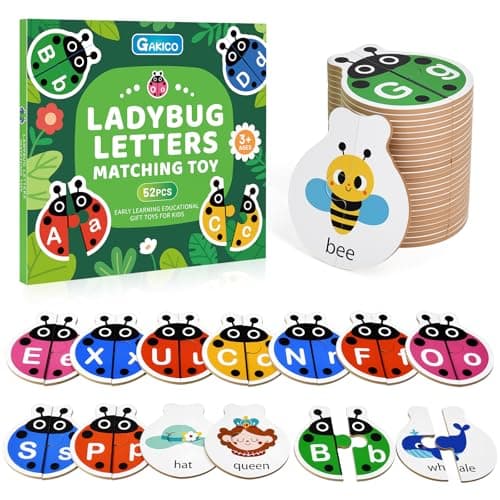 GAKICO Ladybug Self Correcting Alphabet Puzzle: Letter Matching Games for Toddlers 3-5, 52pcs Double-Sided Montessori ABC Puzzles Cards Preschool Learning Activities Educational Toy Gift for Kids