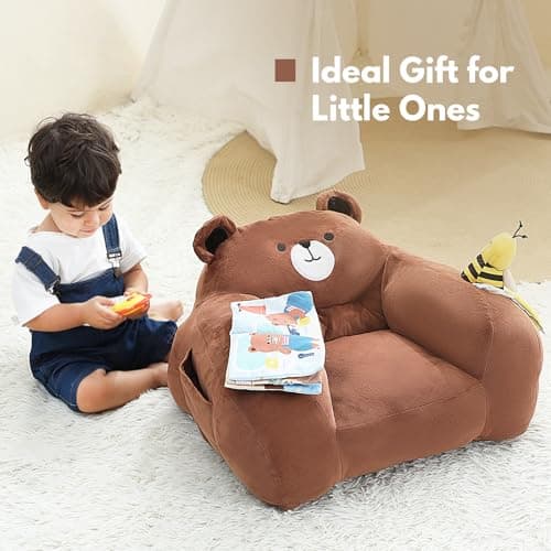 Lovvie & Joy Toddler Sofa Chair, Soft Toddler Kids Chair with Learning Toy Phone,Cloth Book and Rattle Toy,Toddler Chair Couch for Boys and Girls Ages 1+ Years Bear - Thumbnail 3