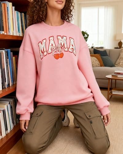 HEYTALALA Mama Sweatshirt for Women Oversized Crewneck Pullover Hoodies Graphic Tops Long Sleeve Mom Shirts Pink - Thumbnail 6