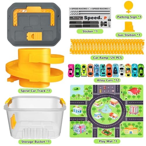 Toy Car Track Storage Playset - Toddler Toys for Ages 2-4, Car Track Set Including 12 Diecast Cars, PlayMat, Race Tracks, Car Ramp, Kids Birthday Gift for 2 3 4 5 Year Old Boys - Thumbnail 6