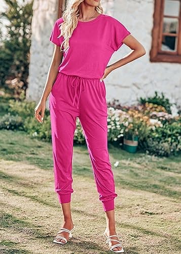 KIRUNDO Jumpsuits for Women Summer 2026 Casual Short Sleeve One Piece Outfits Drawstring Waist Long Pants Romper Jumpers(Rose Red, Large) - Thumbnail 3