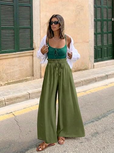 HONGTEYA Women's Summer Wide Leg Palazzo Pants (US, Alpha, Medium, Regular, Regular, Army Green) - Thumbnail 2
