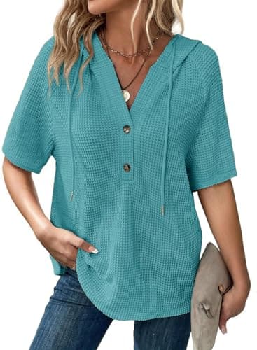 Dokotoo Womens Tops Spring Summer Waffle Knit Short Sleeve Shirts Lightweight Drawstring Hoodies Button V Neck Loose Fit Dressy Casual Elegant Blouses Oversized Tshirts for Women Sky Blue XX-Large - Image 1