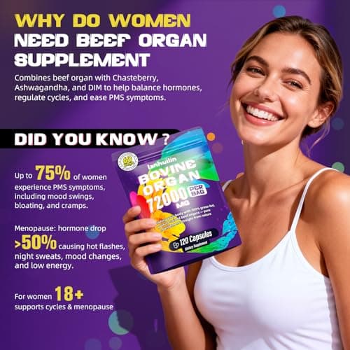Beef Organ Supplement for Women (Liver, Kidney, Uterus, Heart, & 4 More) with Ashwagandha, DIM, Vitamin & Black Cohosh – Grass Fed Beef Liver Capsules for Endocrine Balance, Energy – 120 Capsules - Thumbnail 2