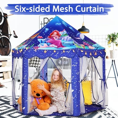 Monobeach Mermaid Princess Tent Girls Blue Large Playhouse Kids Castle Play Tent with Star Lights Gift Toy for Children Indoor and Outdoor Games - Thumbnail 3