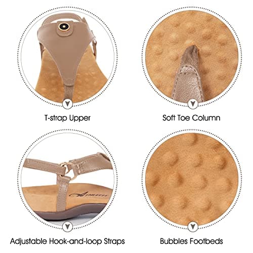 Athlefit Women's Comfortable Orthopedic Sandals Thong Dressy T-Strap Orthotic Casual Summer Arch Support Khaki Sandals size 8 - Thumbnail 5