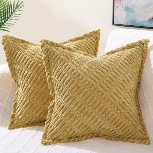decorUhome Decorative Mustard Yellow Throw Pillow Covers 26x26 Set of 2 with Splicing, Boho Soft Corduroy Broadside Twill Spring Pillow Covers for Couch Bed Sofa Living Room - Image 1