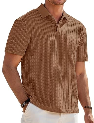 JMIERR Mens Polo Shirt Summer Short Sleeve Vacation Button Beach Collared Knit Golf Shirts, S, Brown - Image 1