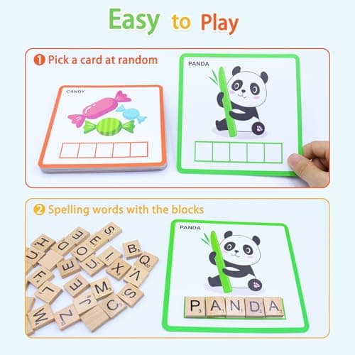 Humerry Spelling Game for Kids Ages 3-8, Word Building & Sight Word Games, Phonics Learning Toy with 100 Wooden Letter Tiles & 30 Double-Sided Flashcards, Preschool Kindergarten Early Reading Game - Thumbnail 4