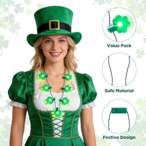 REBANDEN 6PCS St Patrick’s Day Light Up Shamrock Necklace, Glow Clover Necklace Irish Party Accessories and Favors for Adults Teens - Thumbnail 4