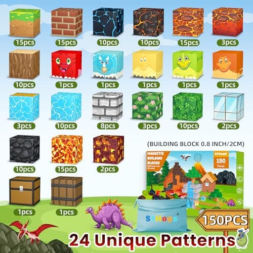 150PCS Magnetic Blocks: Magnetic Building Block Cubes for Kids Boys Girl Ages 3 4 5 6 7 8, STEM Magnet Block Dinosaur Toys for Kids, Constructions Sensory Stacking Toys Christmas Birthday Gift - Thumbnail 3