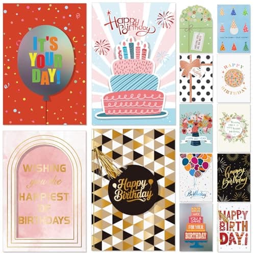 14 Pack 3D Handmade Birthday Cards Bulk with Envelopes, Unique Greeting Cards for Women & Men, 4.7×6.8 Inch, Gold Foil, Glitter, Happy Birthday Cards with Printed Messages – For Friends, Family, Coworkers - Image 1