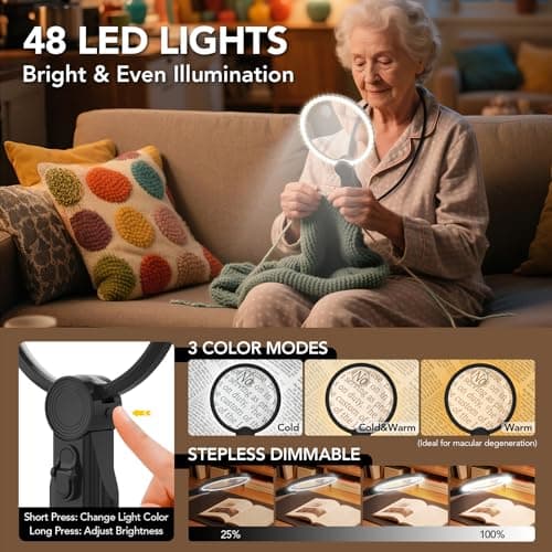 2500mAh Magnifying Glass with Light, 5X/10X Hands Free Magnifier for Reading, Sewing, Knitting, Cross Stitch & Crafts, Lighted Magnifier for Seniors & Low Vision - Thumbnail 4