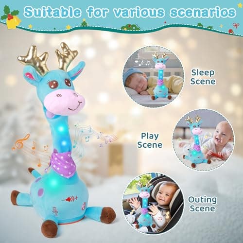LLUKEME Dancing Talking Giraffe with Golden Antlers Toy, Stuffed Animal Baby Toy Repeating What You Say, Musical Toy with Golden Anlters Easter Gifts for Toddlers 1-3 Years Old (Blue Giraffe Antlers) - Thumbnail 4