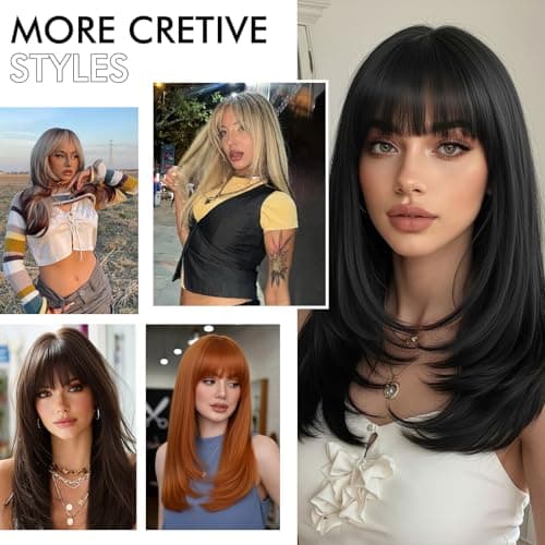 NOSTALGIA Wig with Bangs for Women Blonde with Dark Roots 20 Inch, 4x4 Realistic Scalp & Free Parting, Layered Heat Resistant Synthetic Hair for Everyday Use - Thumbnail 5