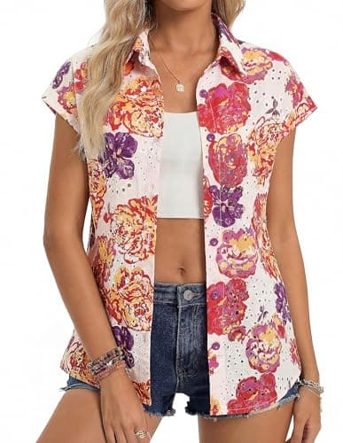GRACE KARIN Floral Eyelet Spring Summer Tops for Women,2026 V Neck Dressy Casual Shirts,Boho Button Down Short Sleeve Blouses Red 2XL - Image 1