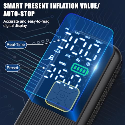 Pwperry Tire Inflator Portable Air Compressor, 4X Faster 150PSI Smart Air Pump for Car Tires with Digital Pressure Gauge, Portable Fast Tire Inflator for Car, Bike, Motorcycle, Balls - Thumbnail 4