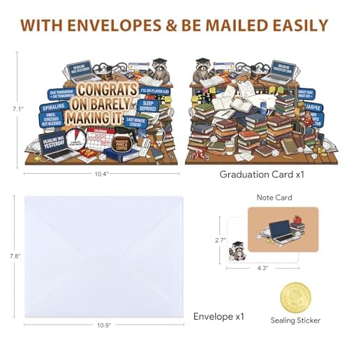 D4DREAM Funny College Graduation Card - MeMe Congrats on Barely Making It, Last Minute Legend, Raccoon, Powered by Panic & Coffee, 5-Layer Pop Up Graduation Card for High School College Graduates - Thumbnail 6