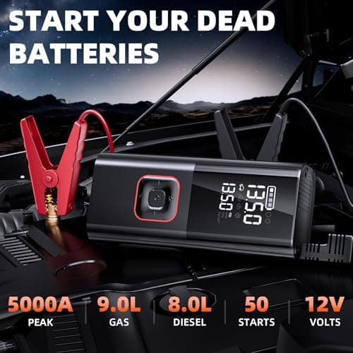 Jump Starter with Air Compressor, 5000A Battery Jumper Starter Portable (9L Gas/8L Diesel) with 160PSI Auto-Shutoff Tire Inflator, 12V Jump Box Car Battery Jump Starter with Jumper Cables, LED Light - Thumbnail 3