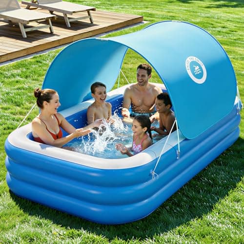 HeySplash Inflatable Pool with Canopy, Swimming Pool for Adults, Large Blow Up Pool Ideal for Family Backyard Garden Party, Outdoor Summer Fun, 118" x 69" x 24"(Blue) - Image 1