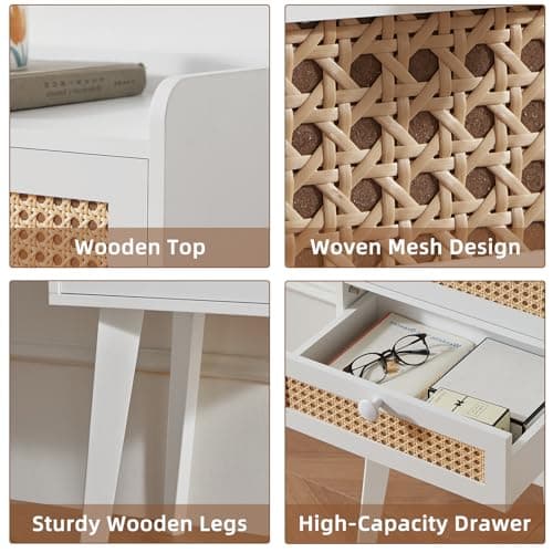 Lerliuo Rattan White Night Stand Set of 2 with 2 Drawers, Cane Accent Nightstand Bed Side End Table with Solid Wood Legs, Boho Nightstands Bedside Tables for Bedroom Living Room Dorm and Small Spaces - Thumbnail 4