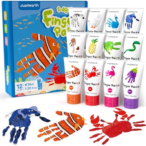JUPITEARTH 28 PCS Finger Paint, Baby Safe Paints for Hand and Feet, Washable Paint for Kids, Non-Toxic 12 Vibrant Colors (1.22fl oz/36ml ) , Palette, Apron, Brush, Eye Stickers, Safe Preschool Art Supplies for Kids - Image 1