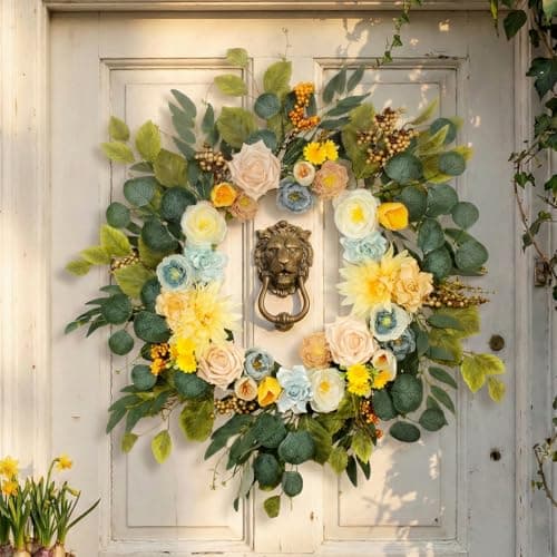 24Inch Spring&Sunmmer Wreath, Fade Resistant Outdoor Wreath for Front Door, Handmade Door Wreath with Artificial Flowers and Decorations for Window Fireplace Wall Porch - Image 1